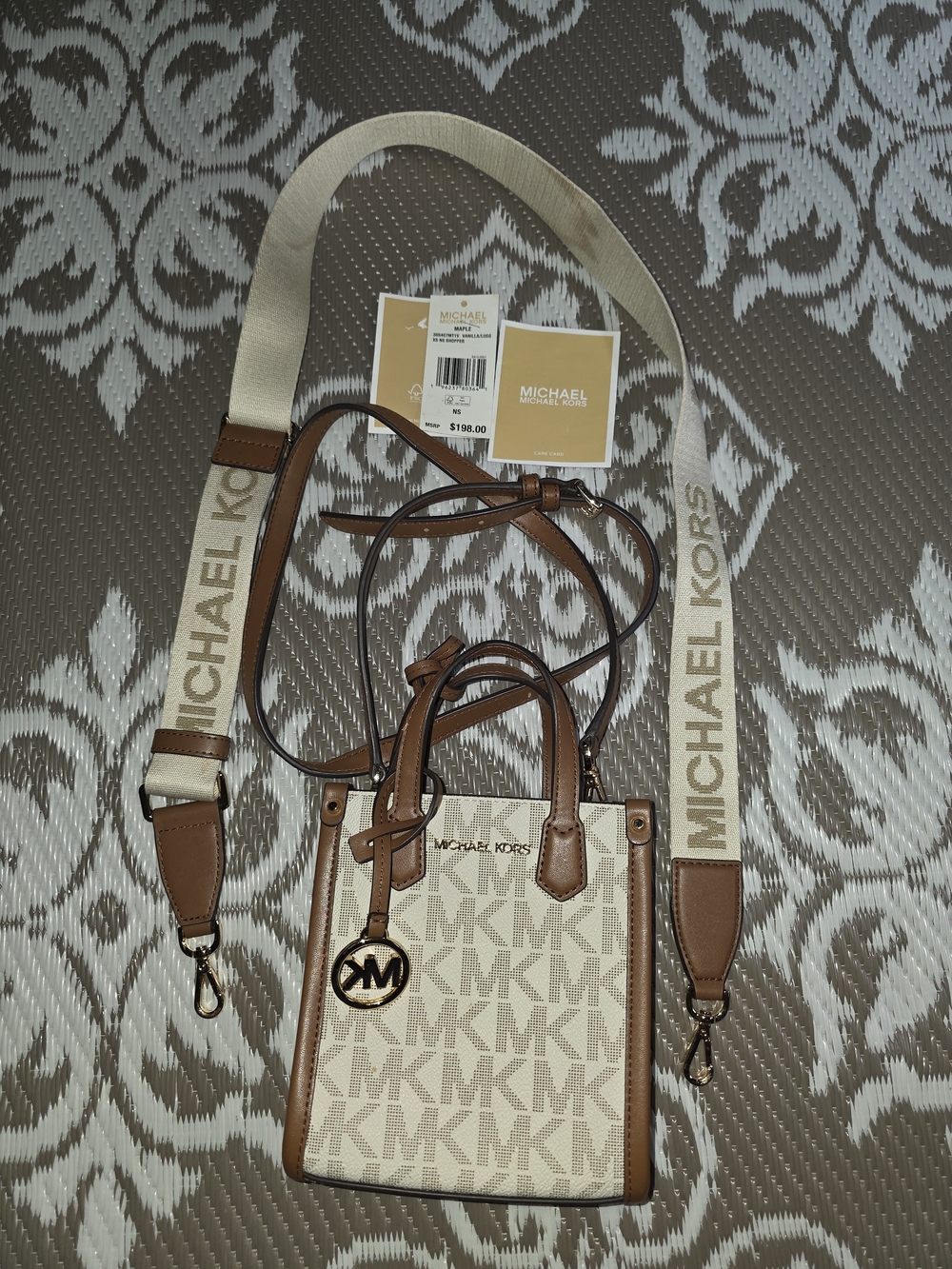 Michael Kors Cream and Brown MK Logo Mini Messenger with Logo Strap